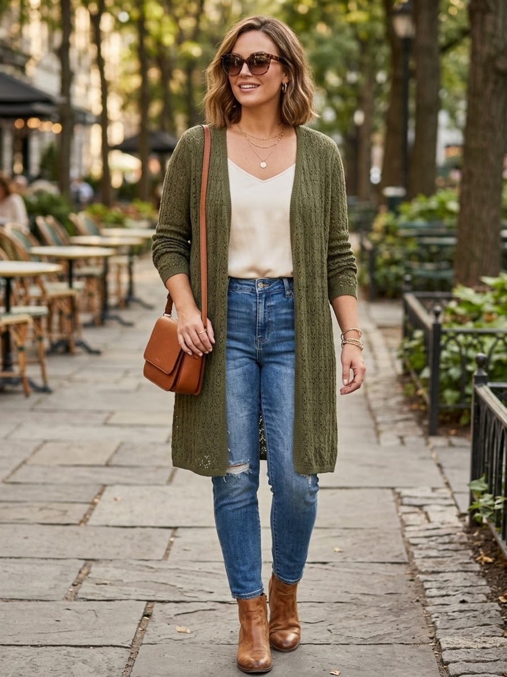 Jessica London Olive Open-Front Lace Knit Cardigan